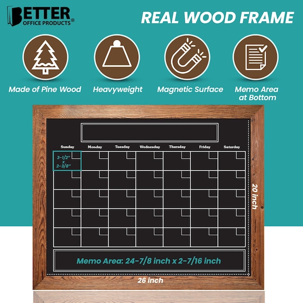 Magnetic Wall Chalkboard Monthly Calendar, Rustic Wood Frame, 24in. X 30in. W/Chalk Marker & Magnets